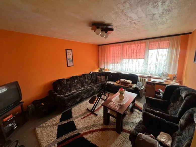 Wnętrze salonu z pomarańczowymi ścianami. W centrum znajduje się ciemna sofa w kwiatowy wzór, obok niej stolik kawowy z wazonem z kwiatami. Po lewej stronie stoi stary telewizor kineskopowy na stoliku. Na podłodze dywan z czarno-białymi i czerwonymi wzorami. W tle duże okna z czerwonymi i białymi zasłonami. Na suficie oprawa z trzema kloszami. Na ścianie wiszą dwa obrazy w ramkach. W pomieszczeniu znajdują się również krzesła, biurko z wentylatorem oraz inne meble.