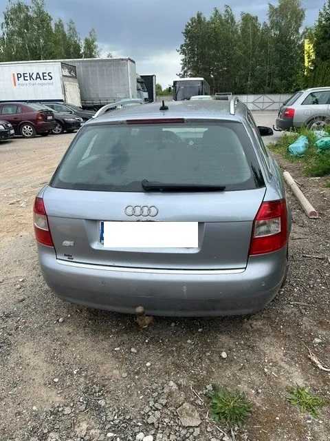 Srebrny samochód marki Audi w nadwoziu kombi, zaparkowany tyłem do widza na żwirowym placu. Na klapie bagażnika widoczne jest logo Audi składające się z czterech pierścieni oraz biała, zakryta tablica rejestracyjna. W tle widać białą ciężarówkę z napisem 'PEKAES more than expected', inne zaparkowane samochody oraz linię drzew pod zachmurzonym niebem.