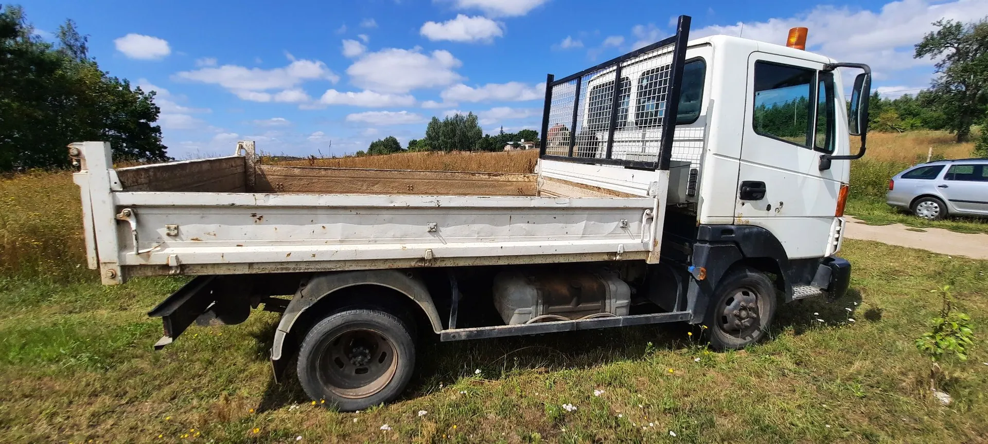 Biała ciężarówka z otwartą paką zaparkowana na trawiastym terenie. Pojazd posiada metalową kratownicę za kabiną kierowcy. W tle widoczne są drzewa, pole oraz fragment srebrnego samochodu osobowego pod jasnym, niebieskim niebem z białymi chmurami.