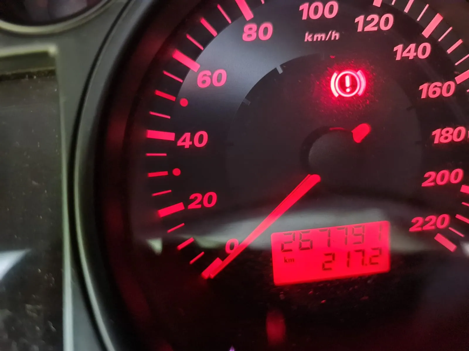Zbliżenie na samochodowy wskaźnik prędkości z czerwonym podświetleniem. Skala prędkości od 0 do 220 km/h z oznaczeniami co 20 km/h. Wskazówka na 0 km/h. Czerwony symbol ostrzegawczy z wykrzyknikiem w okręgu. Cyfrowy licznik przebiegu pokazuje 267791 km oraz 217,2 km. Tekst 'km/h' umieszczony nad skalą prędkości.