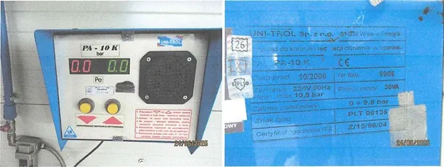 Panel sterowania PA-10 K z dwoma cyfrowymi wyświetlaczami pokazującymi 0.0, dwoma żółtymi przyciskami, siatką głośnika i czerwonymi ostrzeżeniami. Po prawej stronie niebieska tablica z napisem UNI-TROL Sp. z o.o., CE, danymi technicznymi: 250V 50Hz, 10.6 bar, numerami seryjnymi PLT 08135 i datą 24/10/2005.