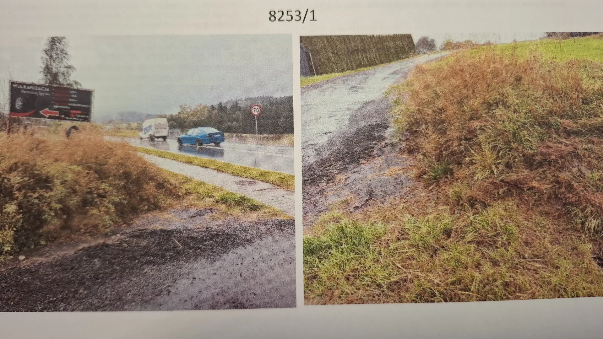 Obraz przedstawia dwie części. Po lewej stronie: droga z mokrym asfaltem, na której znajdują się niebieski samochód osobowy i biały furgon. W tle tablica informacyjna z napisem 'WULKANIZACJA' oraz czerwona strzałka, znak prędkości 70 i las. Po prawej stronie: zbliżenie na uszkodzony odcinek drogi z wybojami, otoczony trawą i pagórkowatym terenem. Na górze obrazu widoczny jest napis '8253/1'.