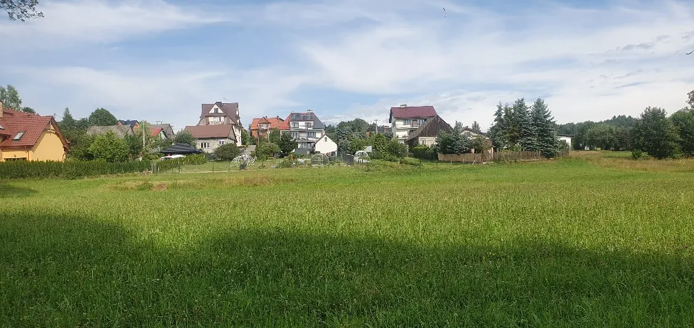 Panorama przedstawiająca zielone pole trawiaste na pierwszym planie, za którym znajdują się domy jednorodzinne z różnymi kolorami dachów (czerwone, brązowe, ciemne). W tle widoczne są drzewa i częściowo zachmurzone niebo. Linia horyzontu jest pozioma, a całość ułożona naturalnie.