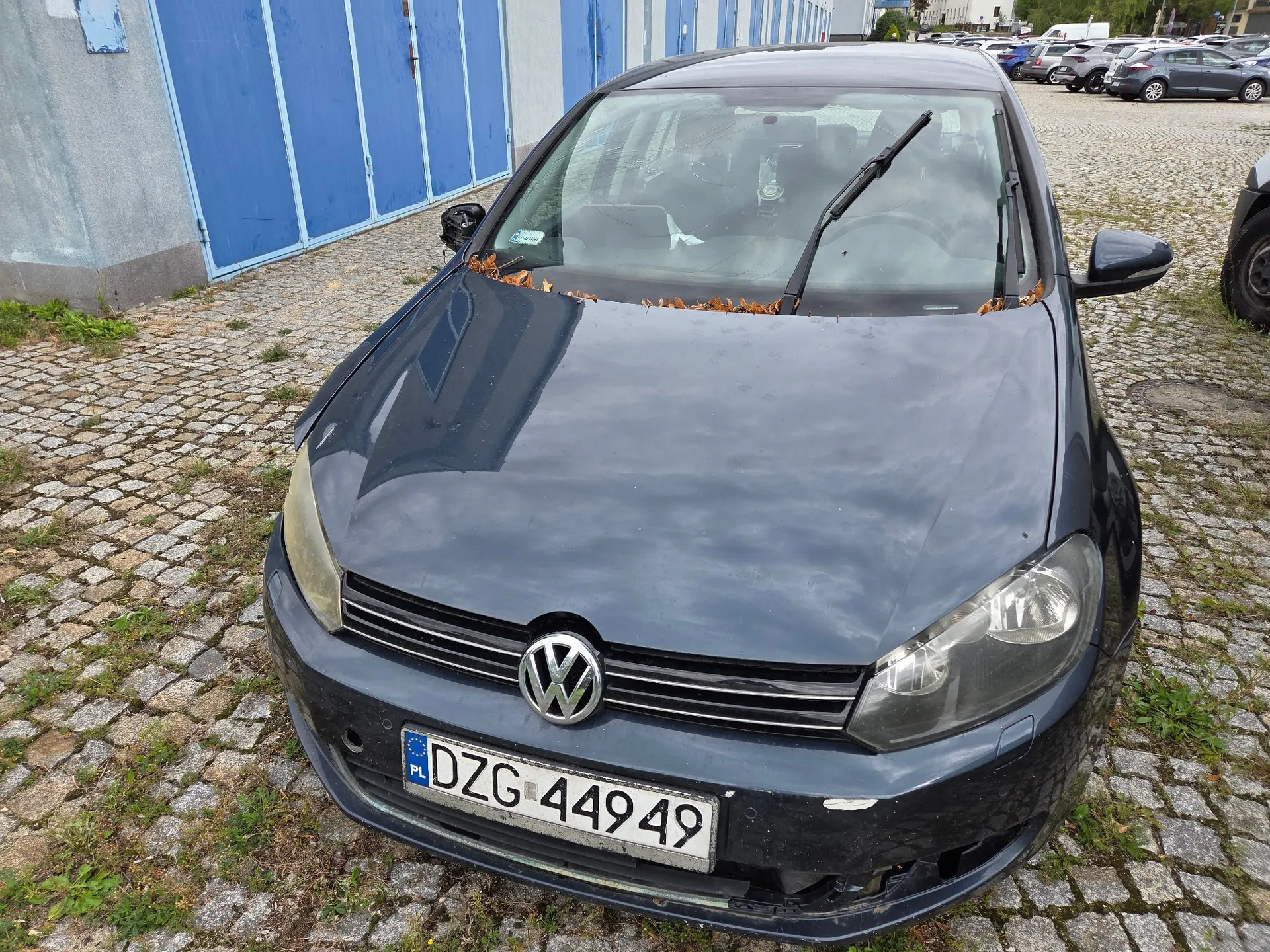 Szary samochód marki Volkswagen zaparkowany na brukowanym placu przed niebieskimi drzwiami garażowymi. Na masce i przy przedniej szybie znajdują się suche liście. Samochód ma polską tablicę rejestracyjną o numerze DZG 44949.