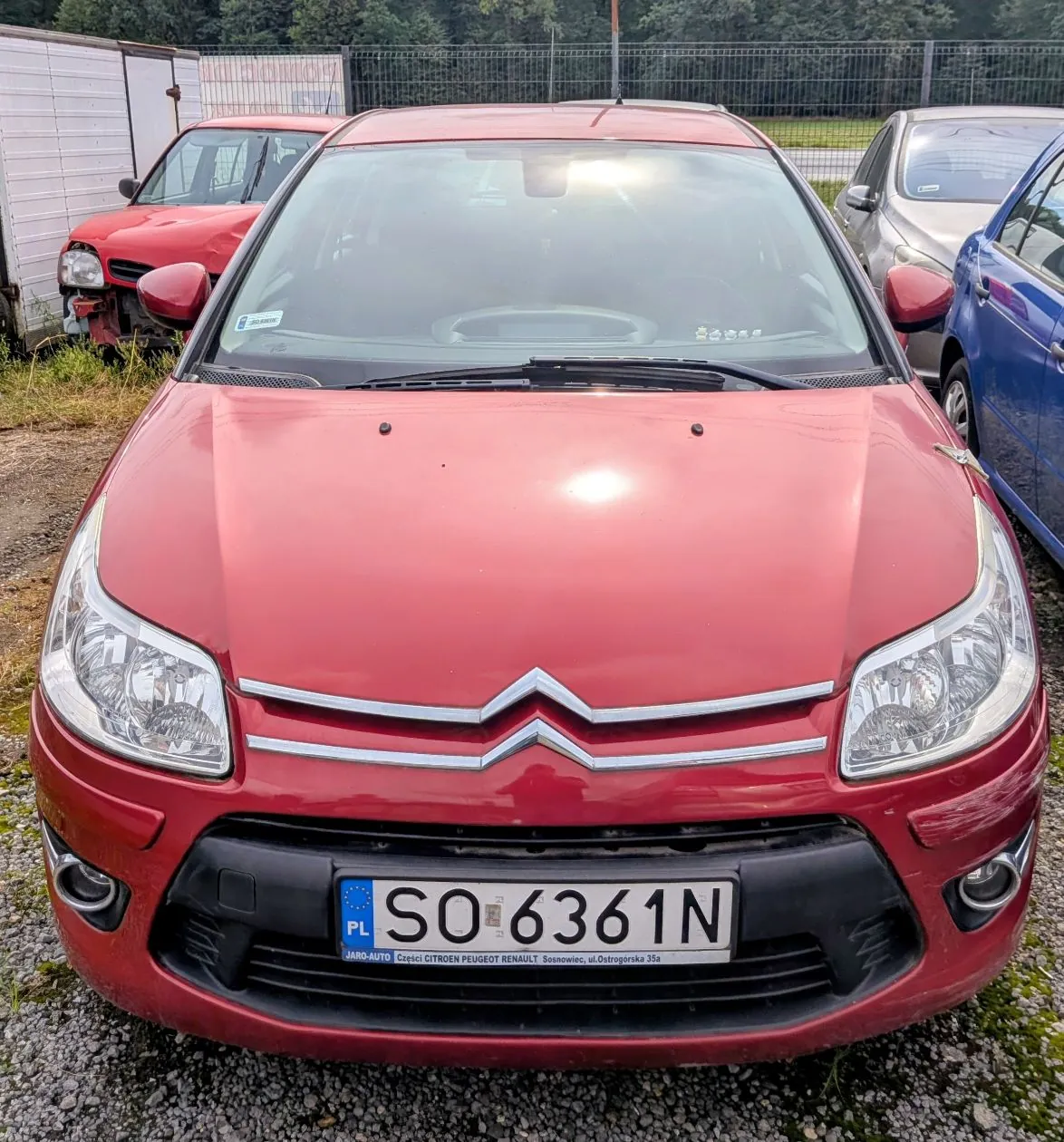 Widok z przodu czerwonego samochodu marki Citroën zaparkowanego na żwirowym placu. Pojazd ma srebrny emblemat w kształcie dwóch grotów na grillu oraz tablicę rejestracyjną o numerze SO 6361N. W tle widoczne są inne samochody: czerwony po lewej i srebrny oraz niebieski po prawej, a za nimi ogrodzenie z siatki i pas zieleni.