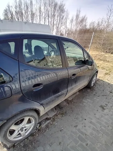 Czarny, brudny samochód osobowy typu hatchback zaparkowany na brukowanej powierzchni. W tle widoczne są drzewa bez liści, metalowe ogrodzenie oraz częściowo zachmurzone niebo. Samochód ma zarysowane ślady brudu na karoserii i srebrne felgi.