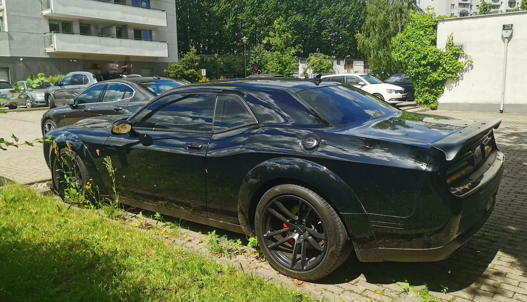 Czarny samochód sportowy Dodge Challenger zaparkowany na kostce brukowej obok trawnika. Auto jest widoczne z profilu od strony pasażera, z tyłu znajduje się spojler. W tle widać inne zaparkowane samochody, nowoczesny biały budynek mieszkalny oraz gęste, zielone drzewa.