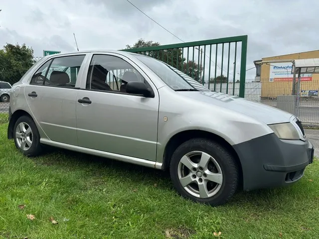 Srebrny samochód osobowy marki Skoda Fabia w nadwoziu hatchback, zaparkowany na trawie. Pojazd jest widoczny z profilu od strony pasażera. Przedni zderzak jest w kolorze ciemnoszarym, kontrastującym z resztą nadwozia. W tle widoczny jest zielony metalowy płot oraz fragment budynku z napisem 'Podanfor'. Niebo jest zachmurzone.