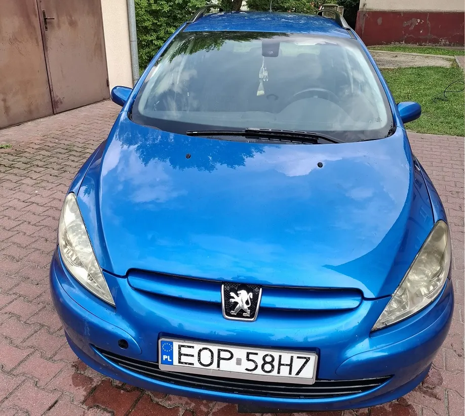 Niebieski samochód marki Peugeot zaparkowany na kostce brukowej. Widok z przodu, z góry na maskę. Samochód ma polską tablicę rejestracyjną o numerze EOP 58H7. W tle widoczne są brązowe drzwi garażowe oraz fragment zieleni.