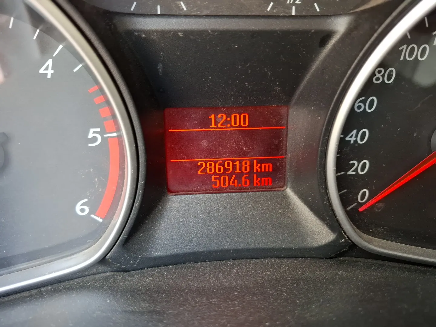 Zbliżenie na deski rozdzielcze samochodu. Po lewej stronie widoczny tachometr z białymi cyframi 4, 5, 6 i czerwonymi oznaczeniami. Po prawej stronie prędkościomierz z białymi cyframi 0, 20, 40, 60, 80, 100. W centrum czerwony wyświetlacz cyfrowy z napisem 12:00, poniżej 286918 km i 504.6 km. Tło deski rozdzielczej czarne, z widocznymi śladami kurzu.