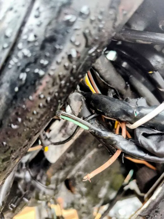 Zbliżenie na uszkodzone przewody elektryczne o różnych kolorach: czarny, zielony, biały, pomarańczowy i żółty. Przewody są częściowo spalone, z odsłoniętymi miedzianymi żyłami. Powierzchnia wokół pokryta jest popiołem i kroplami wody. Tło rozmyte, widoczne dodatkowe przewody i metalowe elementy.
