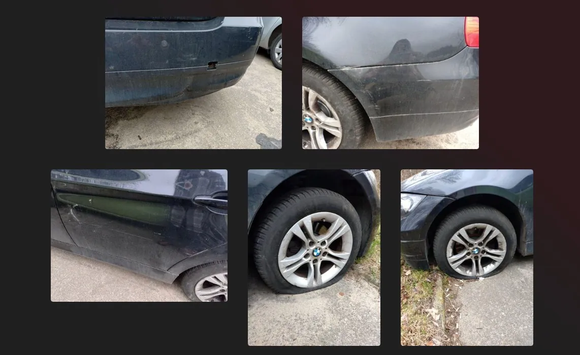 Kolaż pięciu zdjęć czarnego samochodu marki BMW przedstawiających różne części pojazdu: tylną część z widocznym uszkodzeniem, bok z zadrapaniami, koła z logo BMW oraz zanieczyszczoną karoserię. Tło stanowi betonowa powierzchnia i trawa.