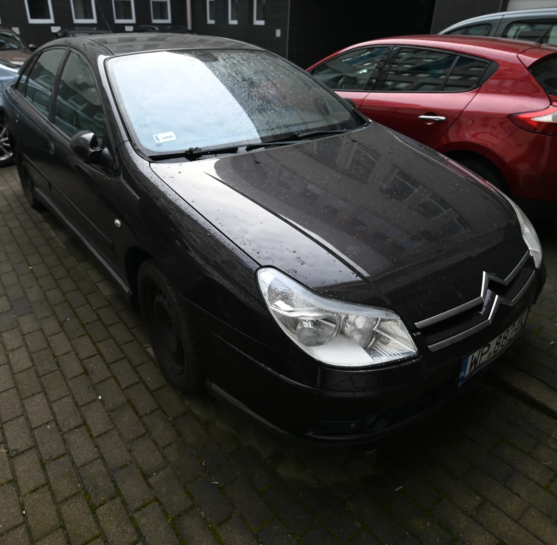 Czarny samochód osobowy zaparkowany na brukowanej powierzchni, z widoczną tablicą rejestracyjną WP 8824K. Na przedniej szybie krople deszczu i mały naklejony znaczek. Obok czarnego samochodu czerwony samochód osobowy. W tle czarna ściana budynku z białymi obramowaniami okien. Samochody są ustawione równolegle do siebie, a horyzont jest poziomy.