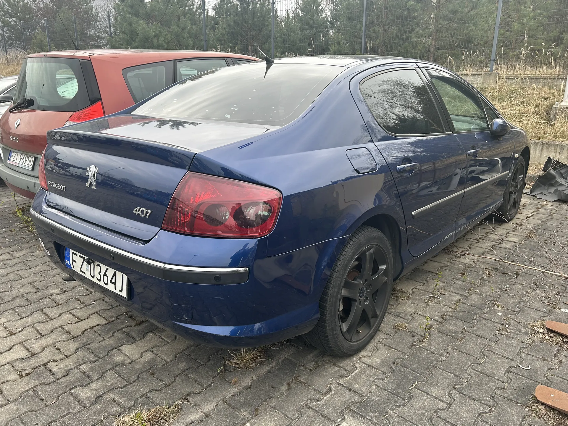 Z tyłu widoczny niebieski samochód Peugeot 407 z tablicą rejestracyjną FZ 0364J. Za nim stoi czerwony samochód z tablicą ZJ 96950. Pojazdy zaparkowane są na brukowanej powierzchni, w tle siatka ogrodzeniowa i drzewa.