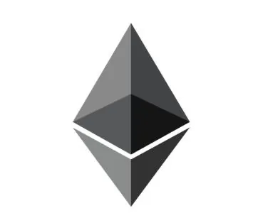 Szary, geometryczny symbol kryptowaluty Ethereum w formie stylizowanego rombu z podziałem na dwie części, przypominający diament, na białym tle.