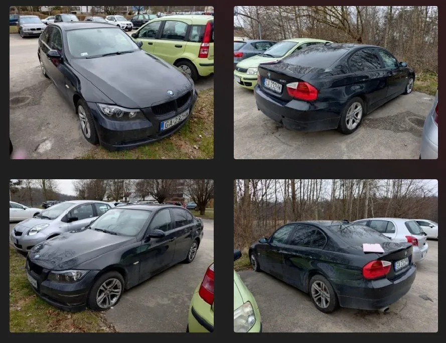 Kolaż czterech zdjęć czarnego samochodu marki BMW z różnych kątów: przód z tablicą rejestracyjną GA-23-9H, tył, bok i tylny widok trzy czwarte. Samochód zaparkowany na placu parkingowym wśród innych pojazdów (w tym zielonego i srebrnego auta), na tle drzew i budynków. Wszystkie zdjęcia ukazują pojazd w naturalnej orientacji.