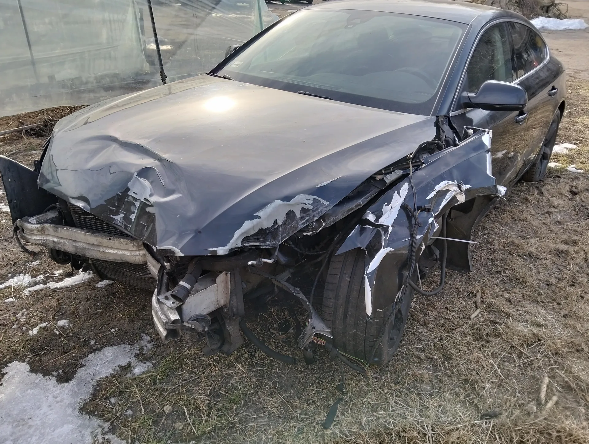 Zniszczony czarny samochód osobowy z poważnie uszkodzonym przodem. Widoczne są deformacje nadwozia, odsłonięte elementy mechaniczne i przewody. Samochód stoi na suchym trawniku z resztkami śniegu. W tle znajduje się szklarnia lub struktura z przezroczystym materiałem. Brak czytelnego tekstu na obrazie.