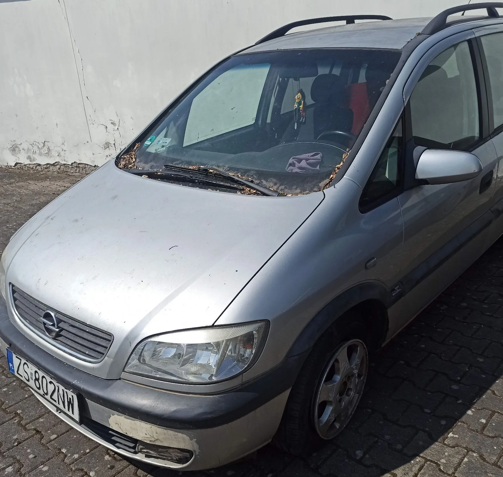 Srebrny samochód marki Opel w nadwoziu typu minivan, zaparkowany na kostce brukowej. Widoczny jest przód pojazdu z tablicą rejestracyjną o numerze ZS 802NW. Na masce i przy przedniej szybie znajdują się suche liście. Samochód posiada czarne relingi dachowe.