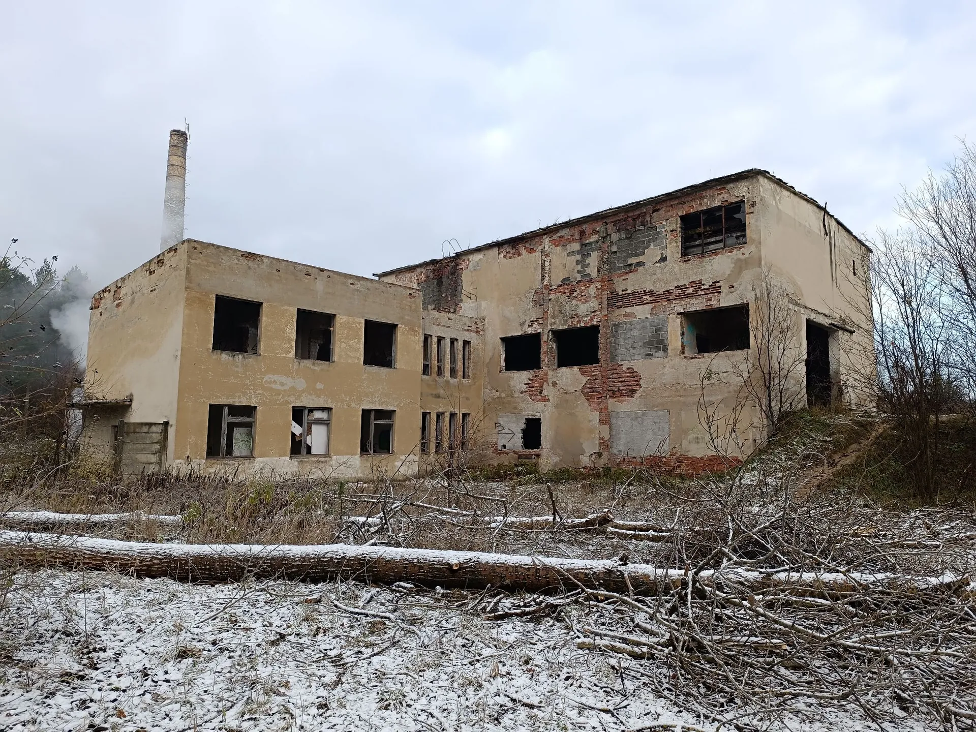 Opuszczony, niszczejący budynek przemysłowy z cegły i betonu z licznymi pustymi otworami okiennymi. W tle widoczny jest wysoki, betonowy komin fabryczny. Budynek znajduje się na terenie zarośniętym suchą roślinnością i powalonymi drzewami, które są częściowo przykryte cienką warstwą śniegu. Niebo jest zachmurzone.