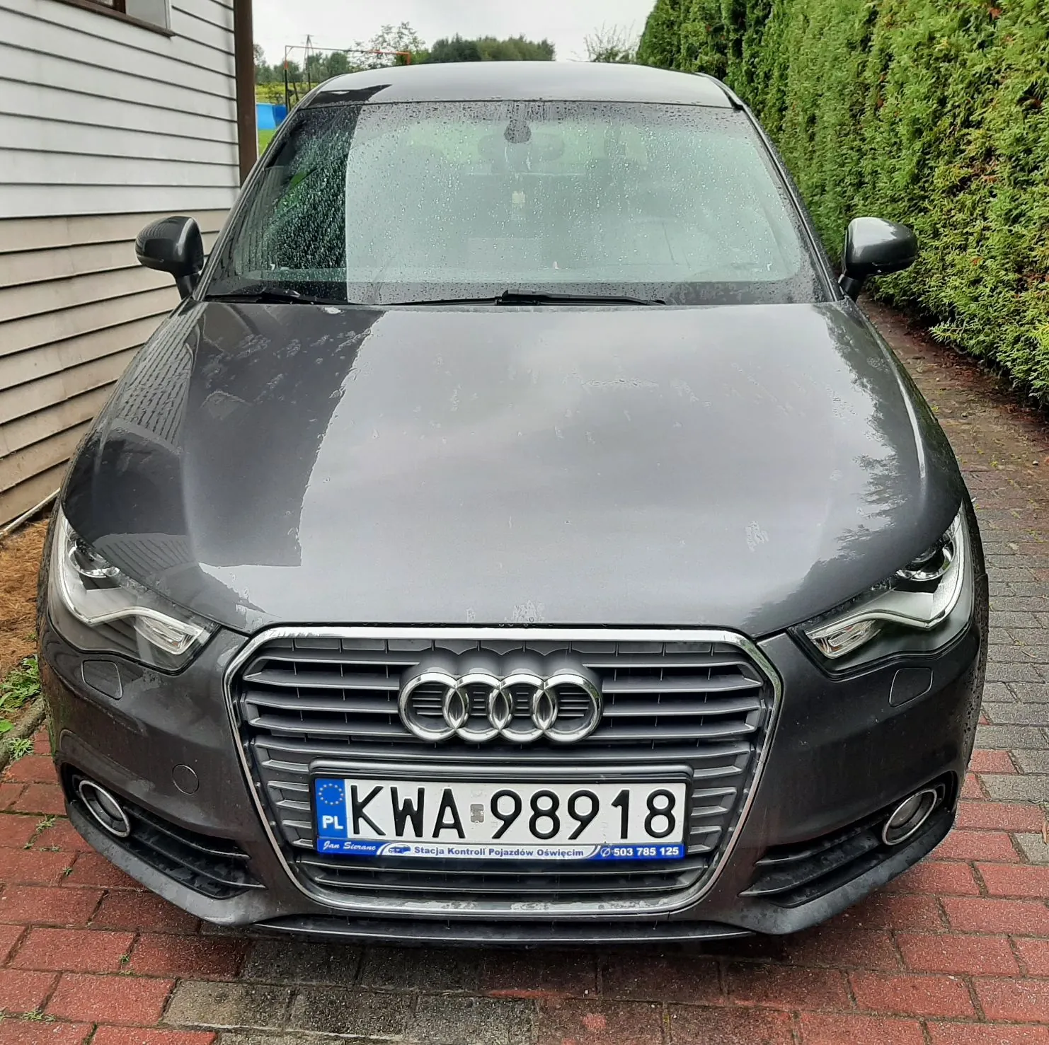 Widok z przodu na ciemnoszary samochód marki Audi zaparkowany na czerwonej kostce brukowej. Pojazd posiada polską tablicę rejestracyjną o numerze KWA 98918. Pod numerem rejestracyjnym znajduje się napis: 'Jan Szymański Stacja Kontroli Pojazdów Oświęcim 503 785 125'. Po lewej stronie widoczna jest biała ściana budynku z poziomych paneli, a po prawej gęsty, zielony żywopłot.