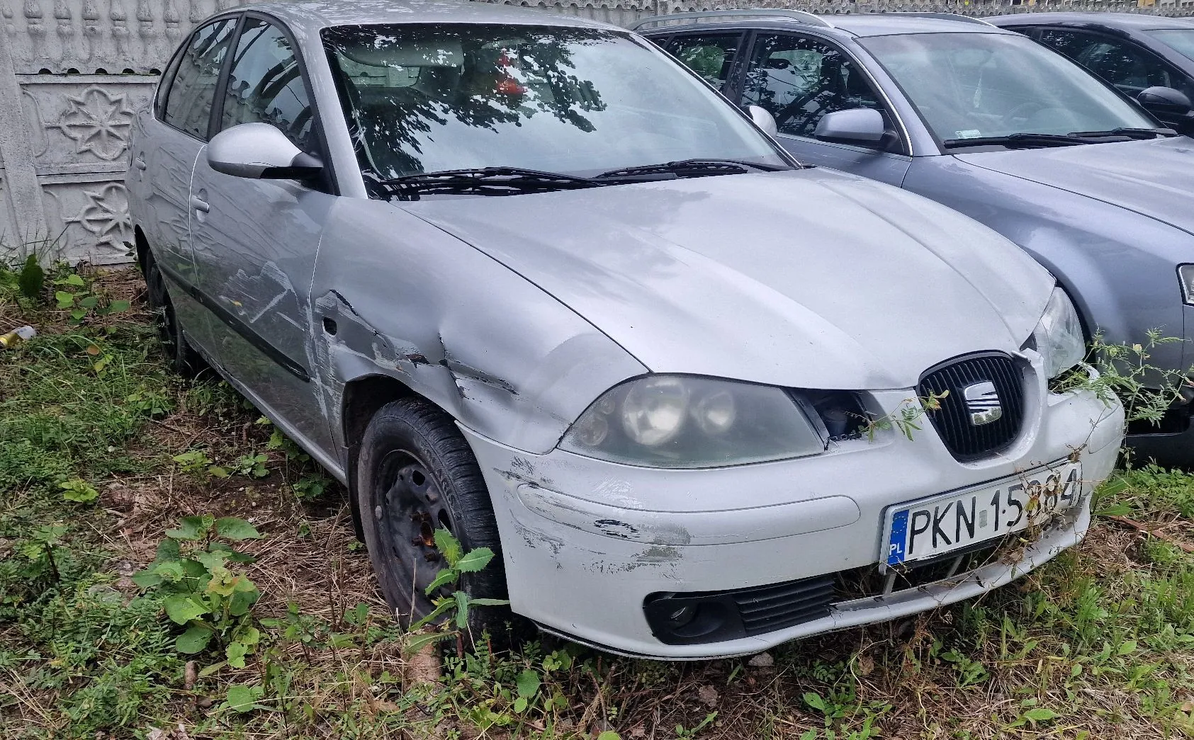 Srebrny samochód marki Seat zaparkowany na trawiastym terenie obok innego srebrnego auta. Pojazd posiada widoczne uszkodzenia karoserii: wgniecenie na przednim lewym błotniku oraz zarysowania i pęknięcia na przednim zderzaku. Samochód ma polską tablicę rejestracyjną o numerze PKN 15B84.