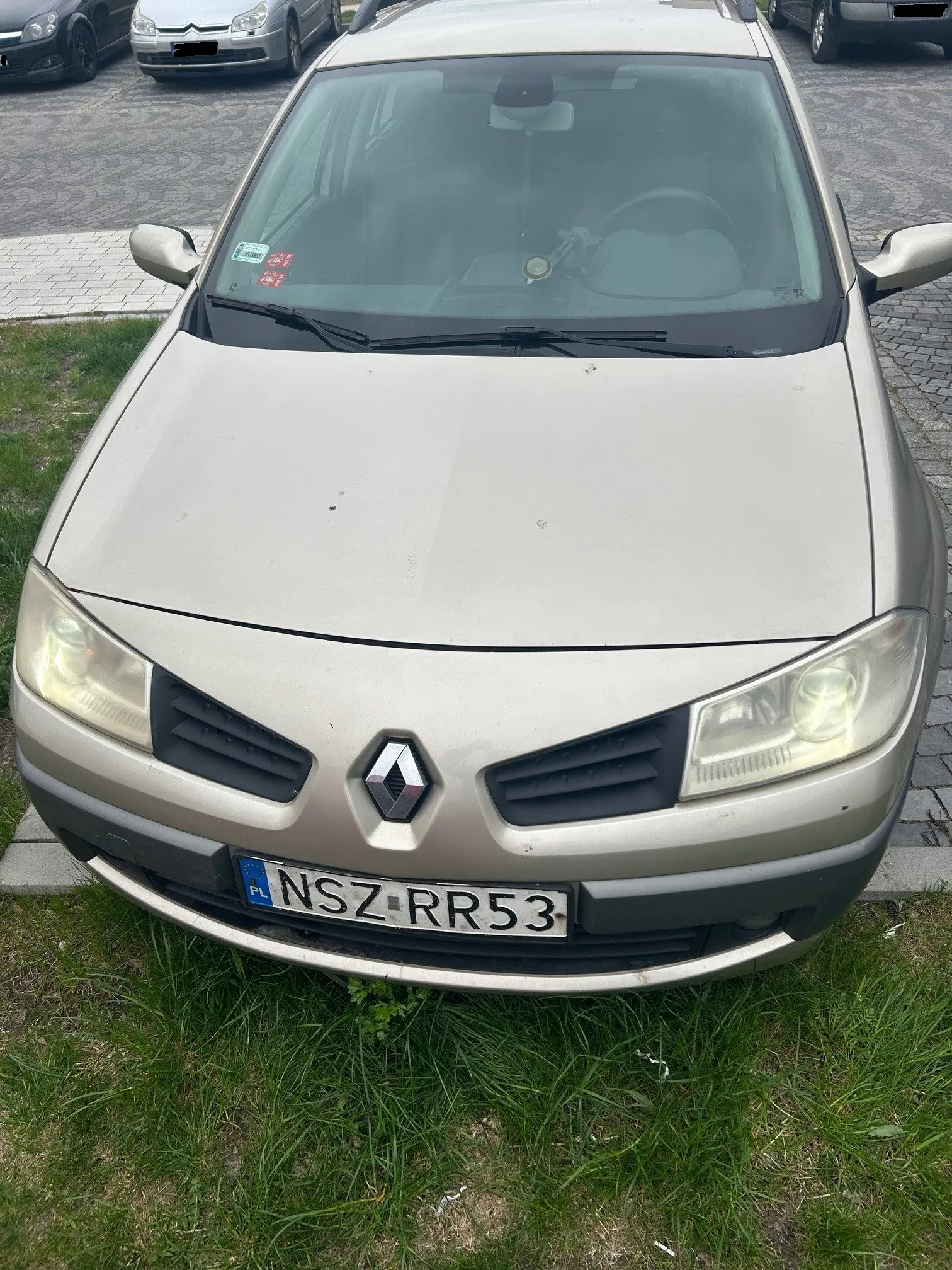 Przedni widok srebrnego samochodu marki Renault z tablicą rejestracyjną NSZ-RR53 (PL) zaparkowanego na trawie przy brukowanej nawierzchni. Na przedniej szybie widoczne są naklejki, w tym czerwone i niebieskie. W tle znajdują się inne pojazdy, w tym srebrny Citroën. Samochód ma charakterystyczny logo Renault na masce i czarne wloty powietrza po bokach.
