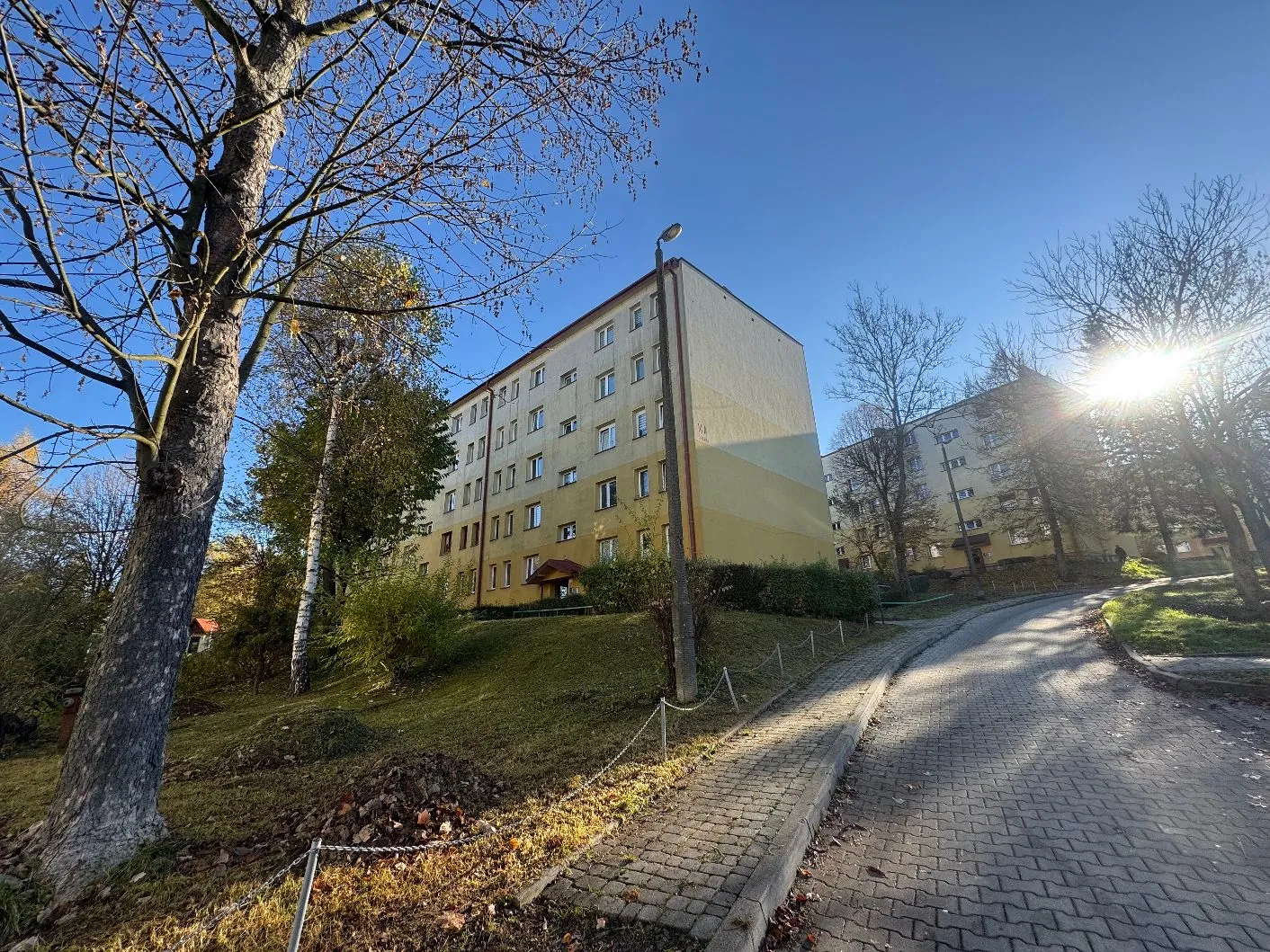 Zdjęcie przedstawia wielopiętrowy, żółty blok mieszkalny usytuowany na niewielkim wzniesieniu. Przed budynkiem znajduje się trawnik oraz brukowana ścieżka prowadząca w głąb kadru. Po lewej stronie widoczne są drzewa, w tym jedno duże na pierwszym planie z bezlistnymi gałęziami. Niebo jest bezchmurne i błękitne, a słońce świeci z prawej strony, tworząc efekt flary.