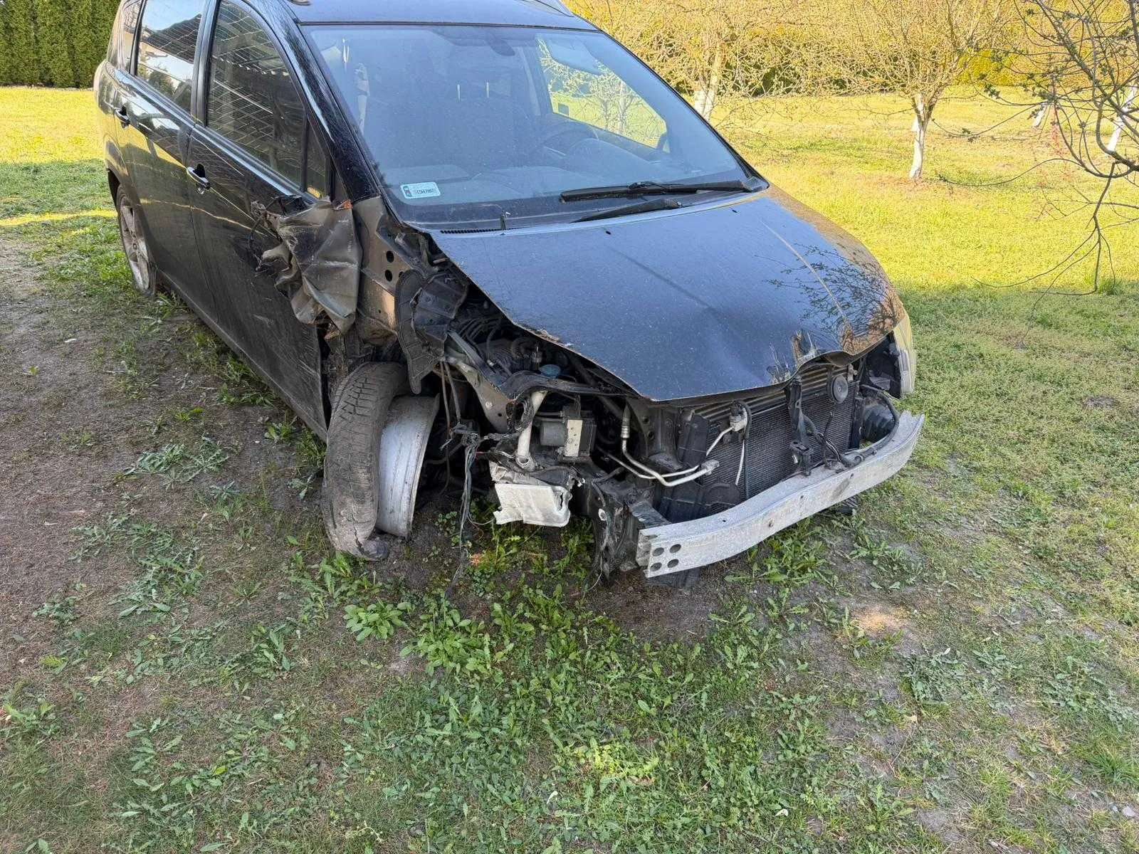 Zniszczony czarny samochód osobowy z uszkodzonym przodem. Widoczne są rozbite przednie światła, zdeformowana maska, odsłonięty silnik oraz uszkodzone przednie koło po lewej stronie. Samochód stoi na trawiastym terenie z fragmentami ziemi, na tle drzew i łąki. Na przedniej szybie znajduje się nieczytelny naklejony dokument.