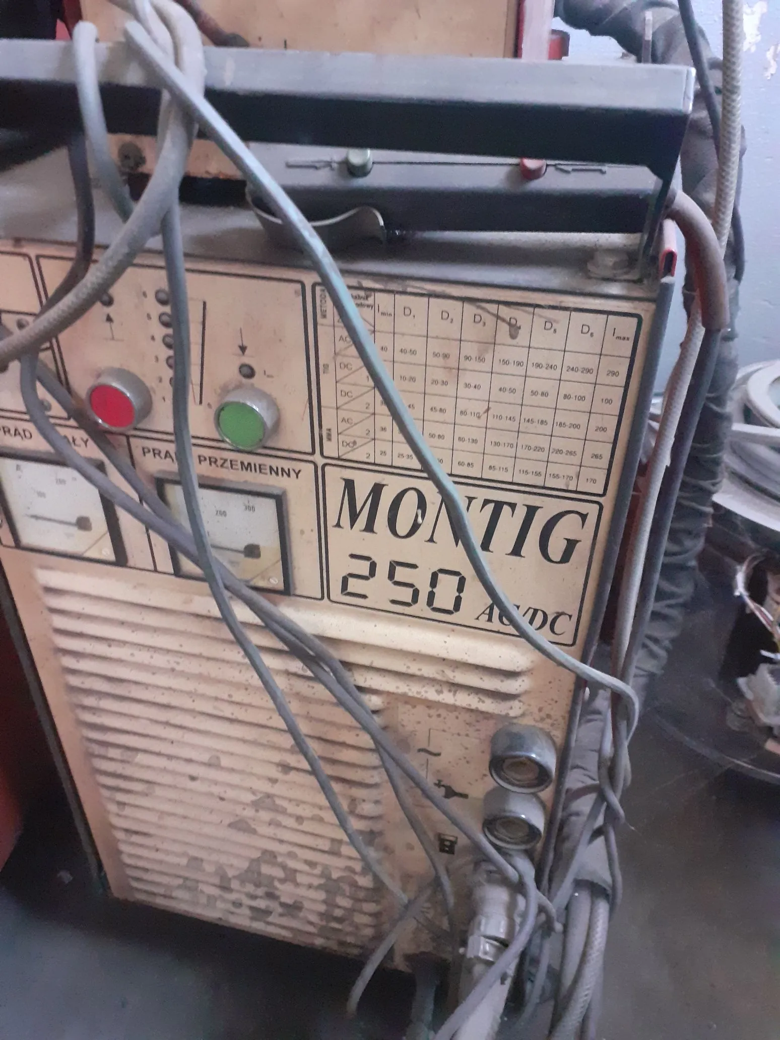 Zbliżenie na brudną, przemysłową spawarkę marki MONTIG 250 A DC. Urządzenie posiada panel sterowania z tabelą parametrów, przełącznikami oraz dwoma pokrętłami analogowymi na dole. Na panelu widnieje napis 'PRĄD PRZEMIENNY'. Urządzenie jest oplecione szarymi kablami, a obudowa jest zakurzona i zabrudzona.