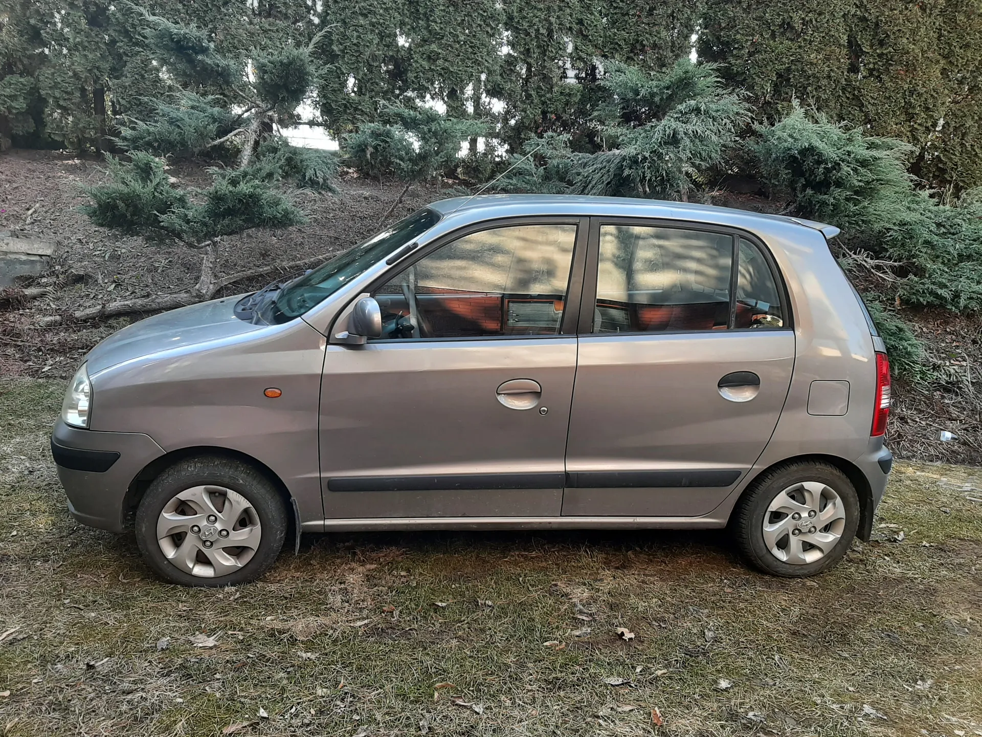 Srebrny samochód osobowy typu hatchback zaparkowany na trawie. Pojazd widoczny z boku, z czterema drzwiami, srebrnymi felgami i czarną listwą boczną. W tle drzewa iglaste i krzewy, ziemia pokryta suchą trawą i liśćmi. Samochód stoi na płaskim terenie, bez widocznych znaków uszkodzeń.