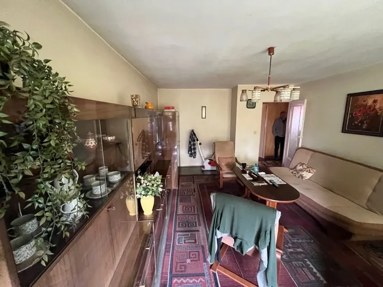 Wnętrze salonu z meblami w kolorze beżu i brązu. Po lewej stronie szafka z szklanymi drzwiami zawierająca porcelanowe naczynia i ozdoby, przed nią zielona roślina. Na środku dywan z czerwonym wzorem, stolik kawowy z przedmiotami, fotel z zielonym swetrem oraz sofa z poduszką. W tle osoba stojąca w drzwiach, wisząca lampa sufitowa, obraz na ścianie oraz wieszak z ubraniami. Podłoga wyłożona dywanami, na ścianie wiszące dekoracje.