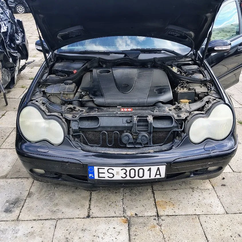 Zdjęcie przodu ciemnego samochodu z otwartą maską, ukazujące komorę silnika. Samochód posiada polską tablicę rejestracyjną o numerze ES 3001A. Reflektory są lekko zmatowiałe. Pojazd stoi na kostce brukowej.