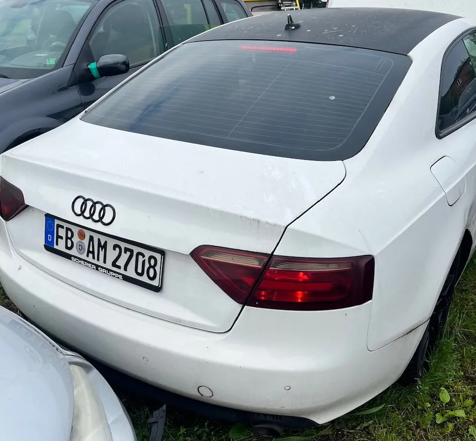 Tylny widok białego samochodu marki Audi z czarnym dachem. Pojazd posiada niemiecką tablicę rejestracyjną o numerze FB AM 2708 z napisem SCHERER GRUPPE na ramce. Na klapie bagażnika widoczne jest logo Audi oraz lekkie zarysowania. Samochód zaparkowany jest na trawie obok innego, ciemnego pojazdu.