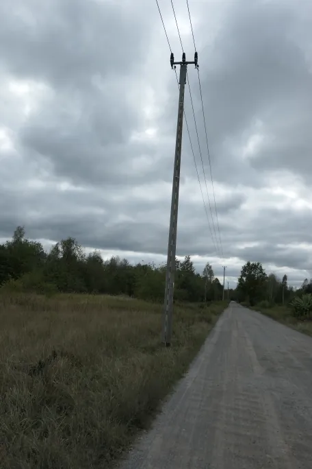 Zdjęcie przedstawia szutrową drogę prowadzącą w głąb krajobrazu pod zachmurzonym, szarym niebem. Po lewej stronie drogi znajduje się wysoki, betonowy słup energetyczny z liniami napowietrznymi. Wzdłuż drogi rosną trawy oraz pas gęstych, zielonych drzew i krzewów.