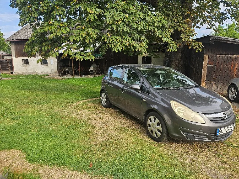 Szary samochód osobowy marki Opel zaparkowany na trawiastym podwórku pod dużym drzewem z gęstym liściem. W tle widoczny jest stary, biały budynek gospodarczy z brązowym dachem oraz drewniana szopa. Samochód ma tablicę rejestracyjną o numerze SCI 39455.