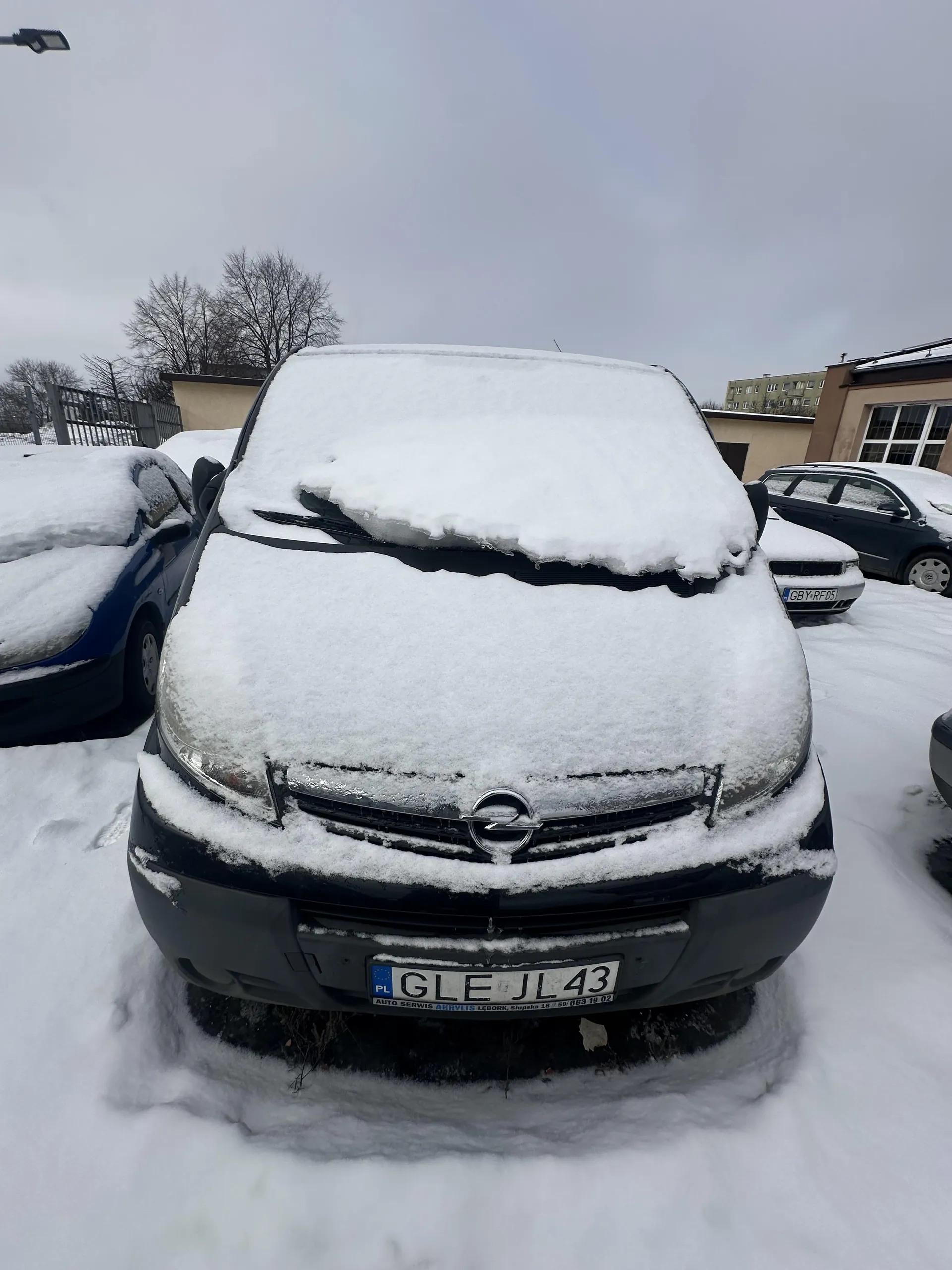 Czarny samochód marki Opel pokryty grubą warstwą śniegu, widok od przodu. Na tablicy rejestracyjnej widoczny napis "GLE JL 43" oraz oznaczenie "PL". W tle inne samochody pokryte śniegiem, budynki, bezlistne drzewa i pochmurne niebo. Cały teren otoczony śniegiem, horyzont równoległy do dolnej krawędzi obrazu.