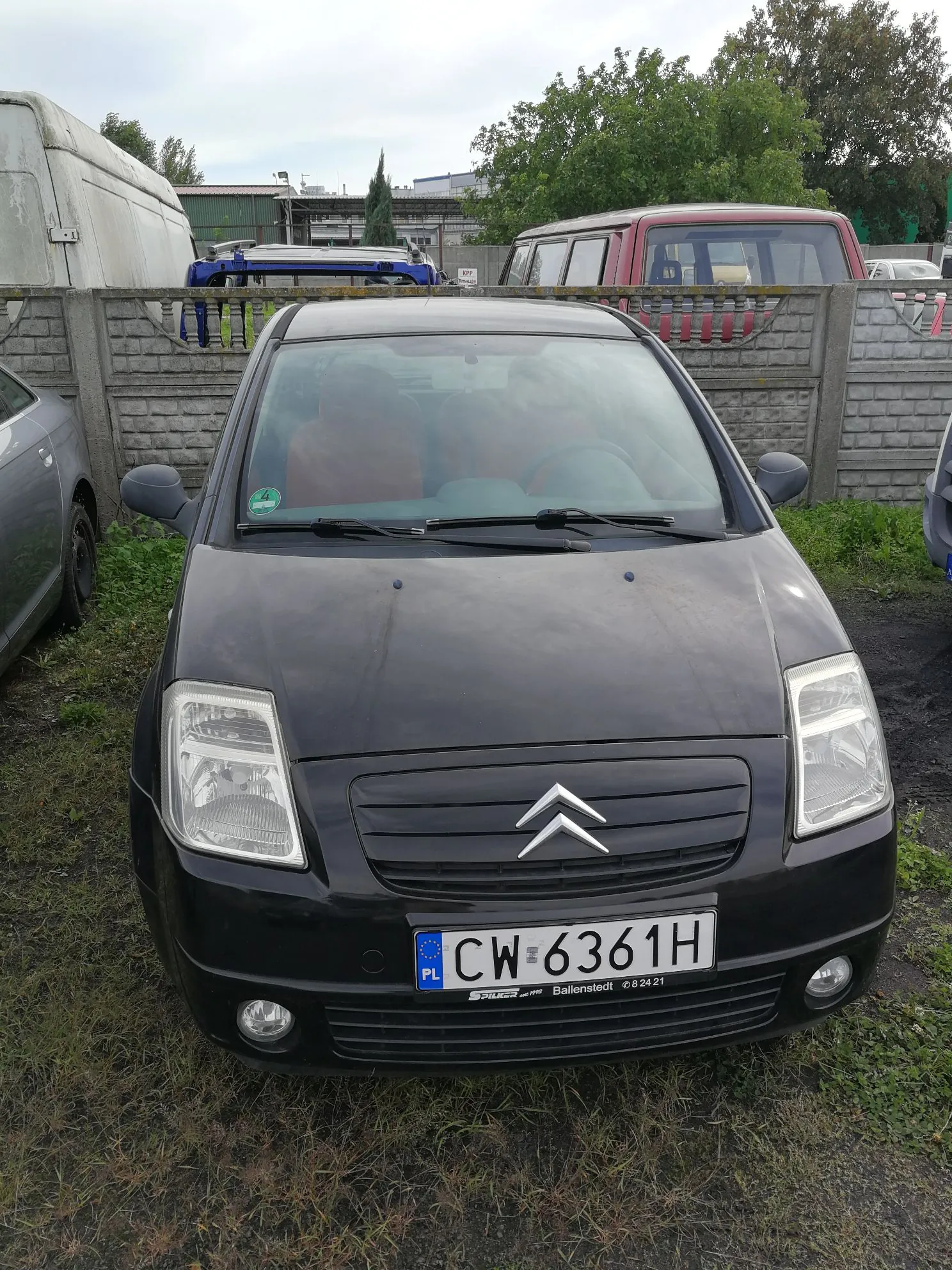 Czarny samochód marki Citroën zaparkowany na trawiastym terenie przed betonowym płotem. Widoczna jest przednia część pojazdu z tablicą rejestracyjną o numerze CW 6361H. W tle widać fragmenty innych pojazdów oraz drzewa pod zachmurzonym niebem.