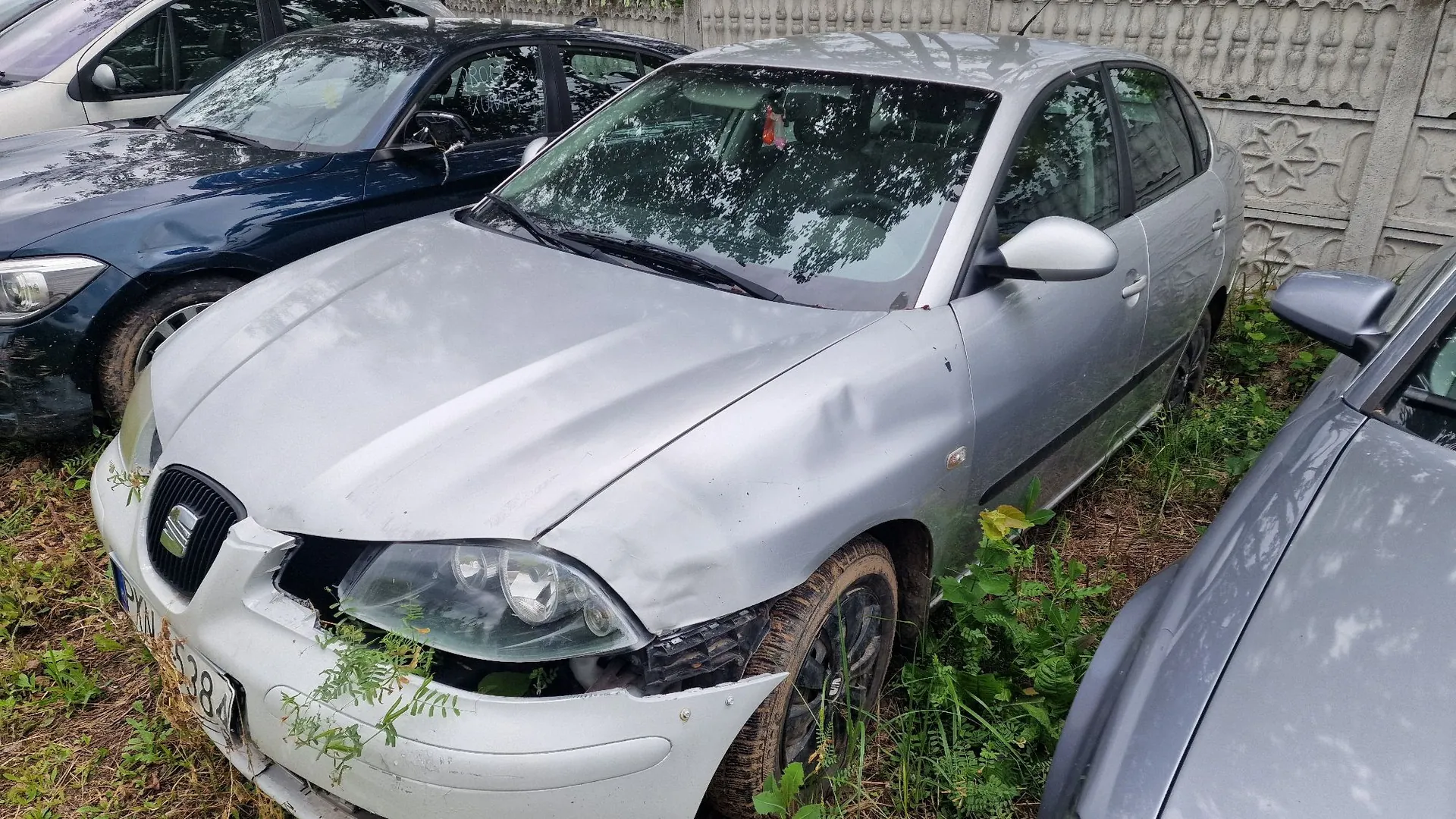 Srebrny samochód marki Seat w stanie uszkodzonym, zaparkowany na trawie obok innych pojazdów. Auto ma wgniecioną maskę oraz uszkodzony przedni zderzak i lewy reflektor. W tle widoczny jest betonowy płot oraz fragmenty ciemnoniebieskiego i szarego samochodu.