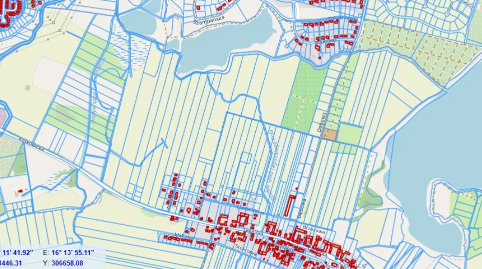 Fragment mapy topograficznej przedstawiającej obszar z zabudowaniami mieszkalnymi, polami uprawnymi oraz zbiornikami wodnymi. Widoczne są niebieskie linie dróg i cieków wodnych, zielone obszary roślinności oraz czerwone prostokąty oznaczające budynki. Na mapie znajdują się nazwy ulic, takie jak 'Dębowa', 'Szampańska' oraz 'Stokrotek'. W lewym dolnym rogu widoczne są współrzędne geograficzne: '11' 41.92" E: 16° 13' 55.11"' oraz '3446.31 Y: 306658.08'.