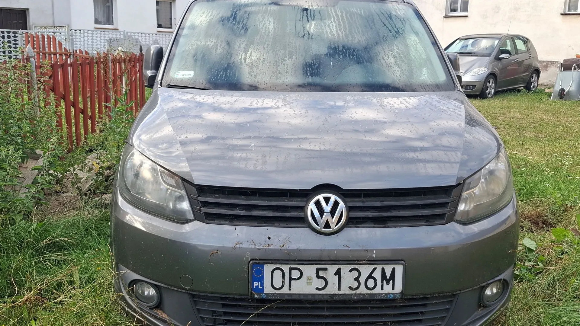 Szary samochód marki Volkswagen widziany od przodu, zaparkowany na trawie. Na masce i przedniej szybie widoczne są krople wody. Samochód ma polską tablicę rejestracyjną o numerze OP 5136M. W tle po lewej stronie znajduje się czerwony drewniany płot, a po prawej stronie zaparkowany jest inny, ciemny samochód.
