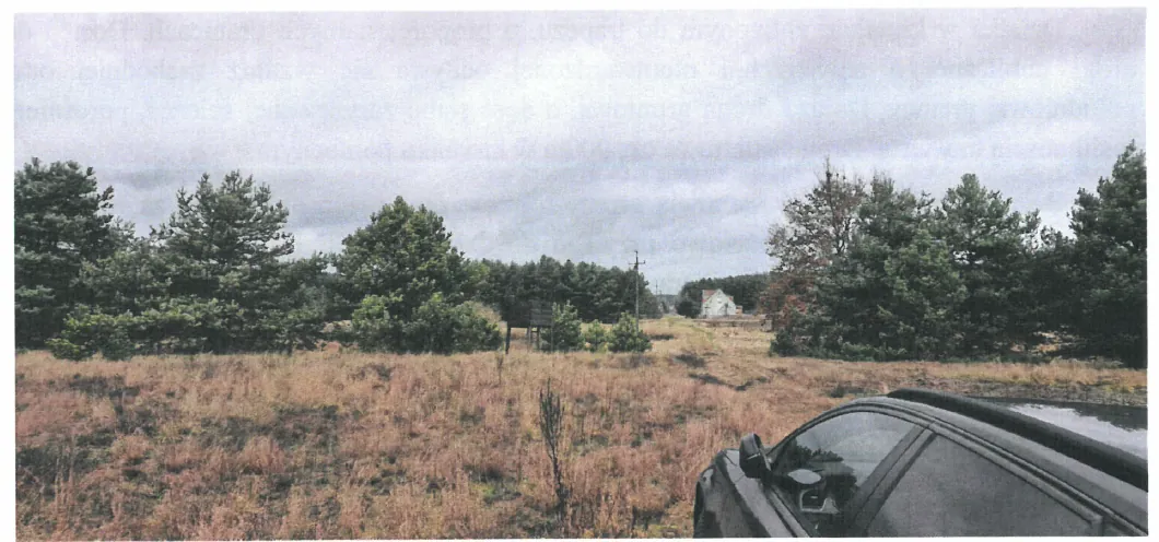 Pejzaż z pola porośniętego wysoką trawą, po obu stronach drzewa i krzewy. W oddali widoczny biały dom oraz słup telekomunikacyjny. Na pierwszym planie prawej strony czarny samochód z częściowo widocznym dachem i lusterkiem bocznym. Niebo jest zachmurzone.