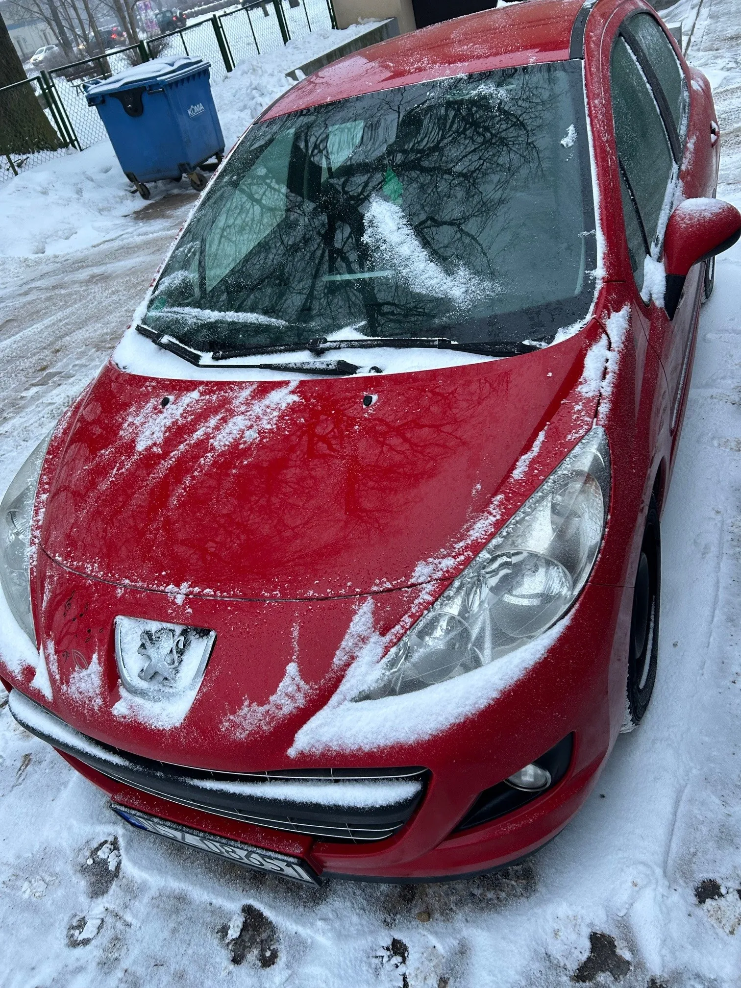 Czerwony samochód marki Peugeot pokryty śniegiem, z widocznym logo na masce i częściowo zakrytą tablicą rejestracyjną WU 18651. W tle niebieski pojemnik na śmieci z napisem KOMA, ogrodzenie, drzewa bez liści oraz śnieżna droga z odciskami stóp. Śnieg pokrywa przednią szybę, maskę i dach pojazdu.