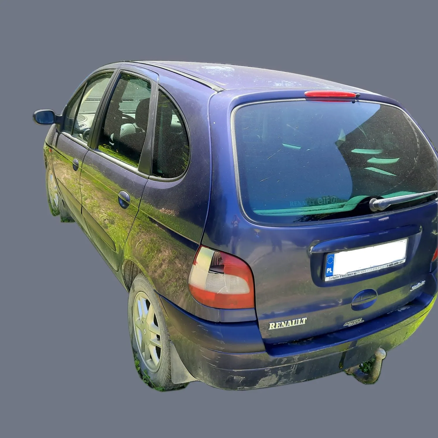 Niebieski samochód marki Renault Scenic zaparkowany na trawie, widok z tyłu i z boku. Na klapie bagażnika widnieje napis RENAULT oraz logo marki. Samochód posiada polską tablicę rejestracyjną, z której widoczny jest symbol PL.