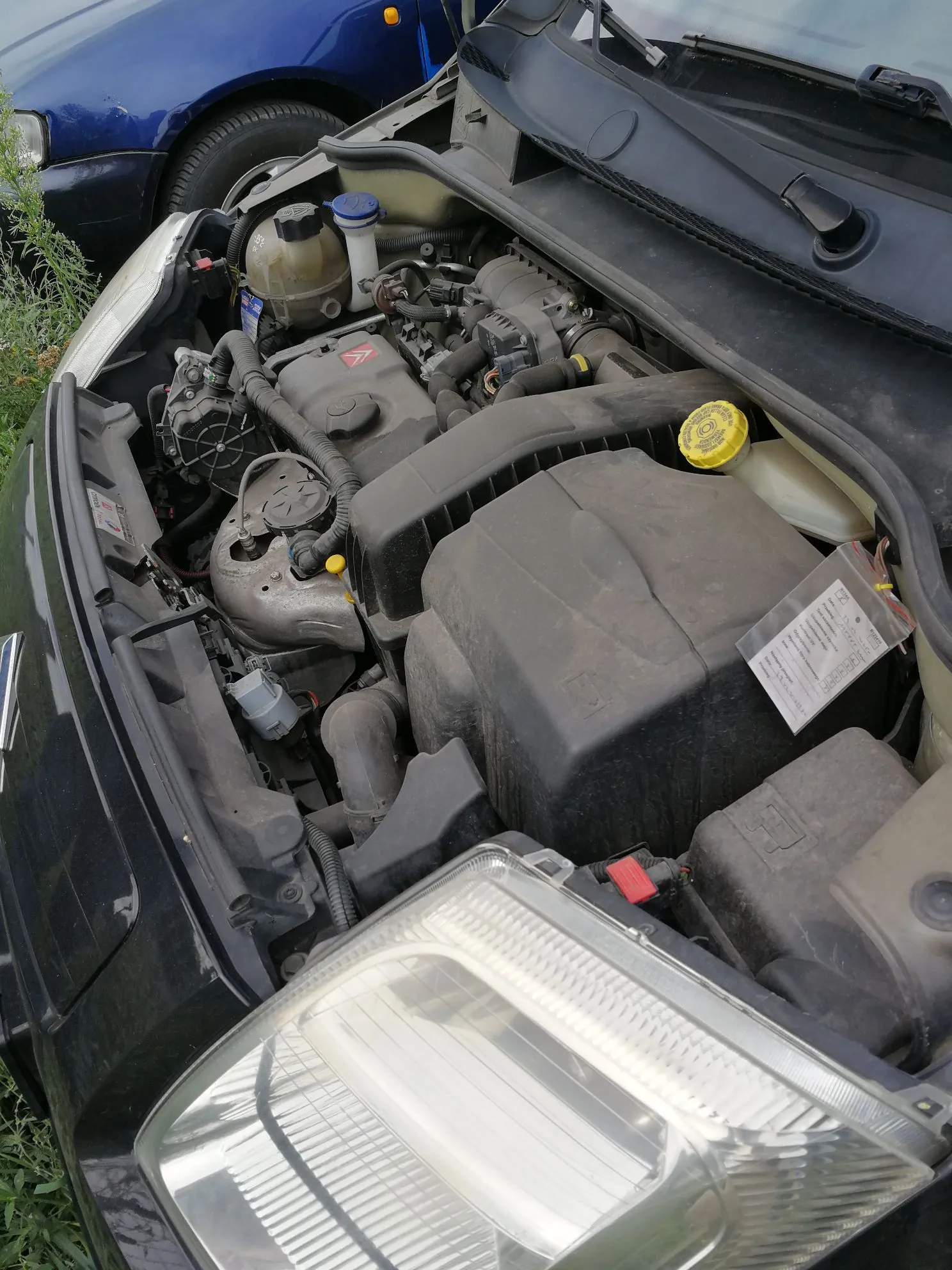 Widok z góry na otwartą komorę silnika czarnego samochodu. Widoczne są elementy mechaniczne silnika, obudowa filtra powietrza, zbiornik płynu z żółtym korkiem oraz reflektor przedni w dolnej części kadru. W tle widoczny jest fragment niebieskiego samochodu.