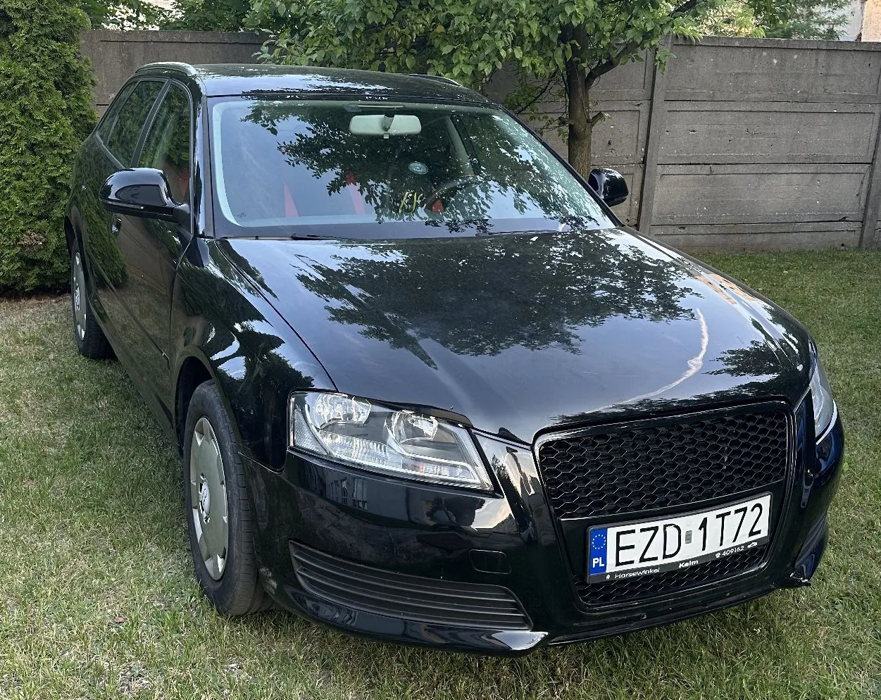 Czarny samochód osobowy zaparkowany na trawie przed betonowym płotem i drzewami. Pojazd jest widoczny z przodu pod kątem. Na przednim zderzaku znajduje się polska tablica rejestracyjna o numerze EZD 1T72.