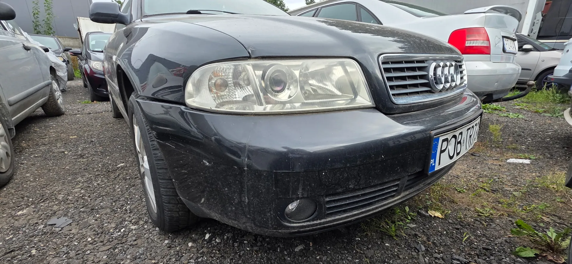 Zbliżenie na przód czarnego samochodu marki Audi. Widoczny jest lewy reflektor, grill z logo czterech pierścieni oraz polska tablica rejestracyjna o numerze POB TR227. Samochód stoi na żwirowym parkingu obok innych pojazdów.