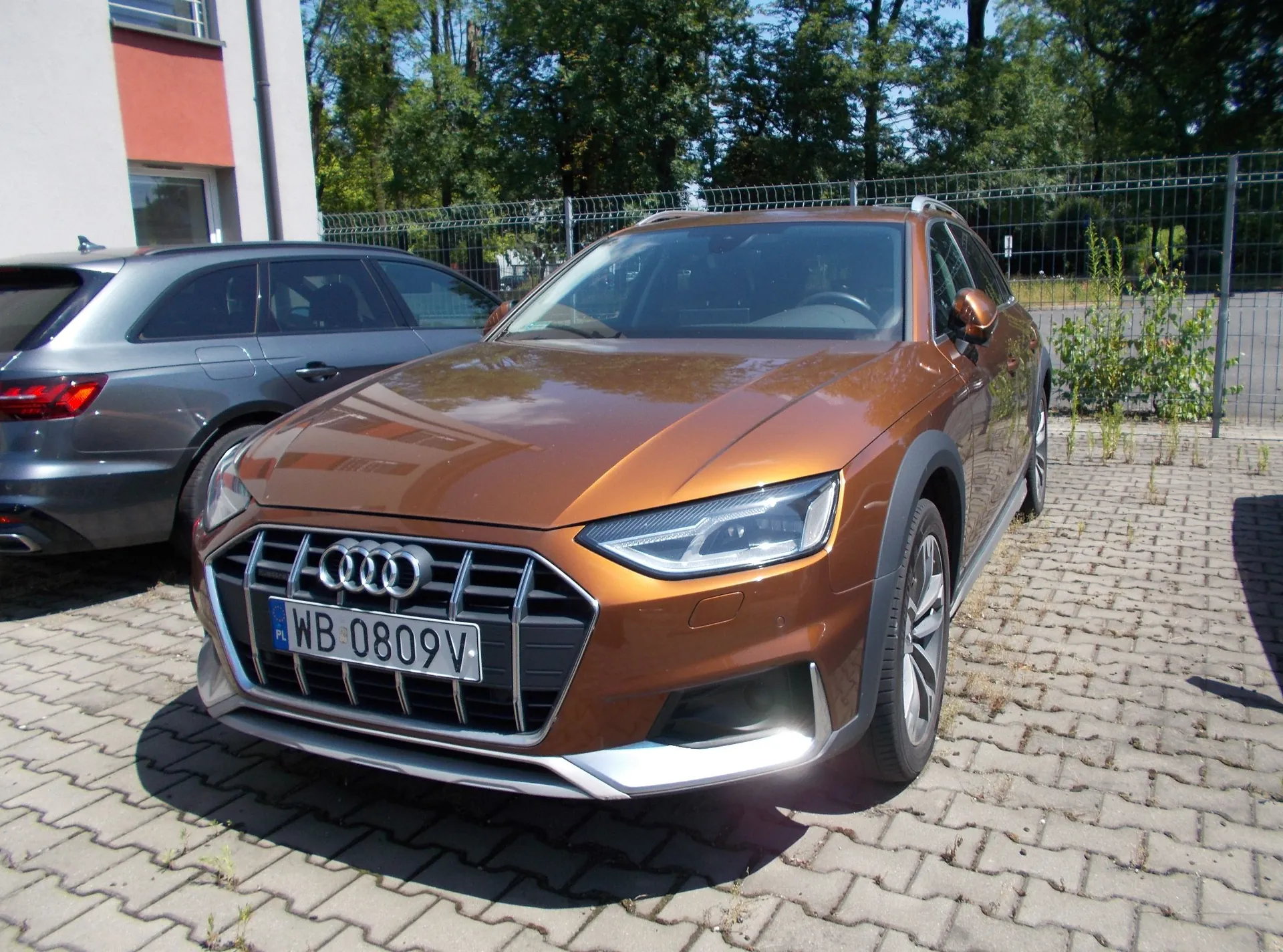 Pomarańczowy samochód marki Audi w nadwoziu kombi zaparkowany na kostce brukowej. Pojazd ma polską tablicę rejestracyjną o numerze WB 0809V. Obok stoi szary samochód, a w tle widoczny jest fragment budynku, ogrodzenie z siatki oraz zielone drzewa.