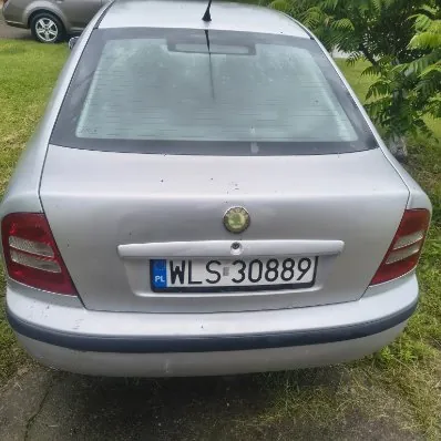 Srebrny samochód osobowy widziany od tyłu z tablicą rejestracyjną PL WLS 30889. Widoczne czerwone światła tylne, logo marki na bagażniku oraz tylne szyby z wycieraczką. Samochód zaparkowany na trawie, w tle zielone krzewy i fragment innego pojazdu.