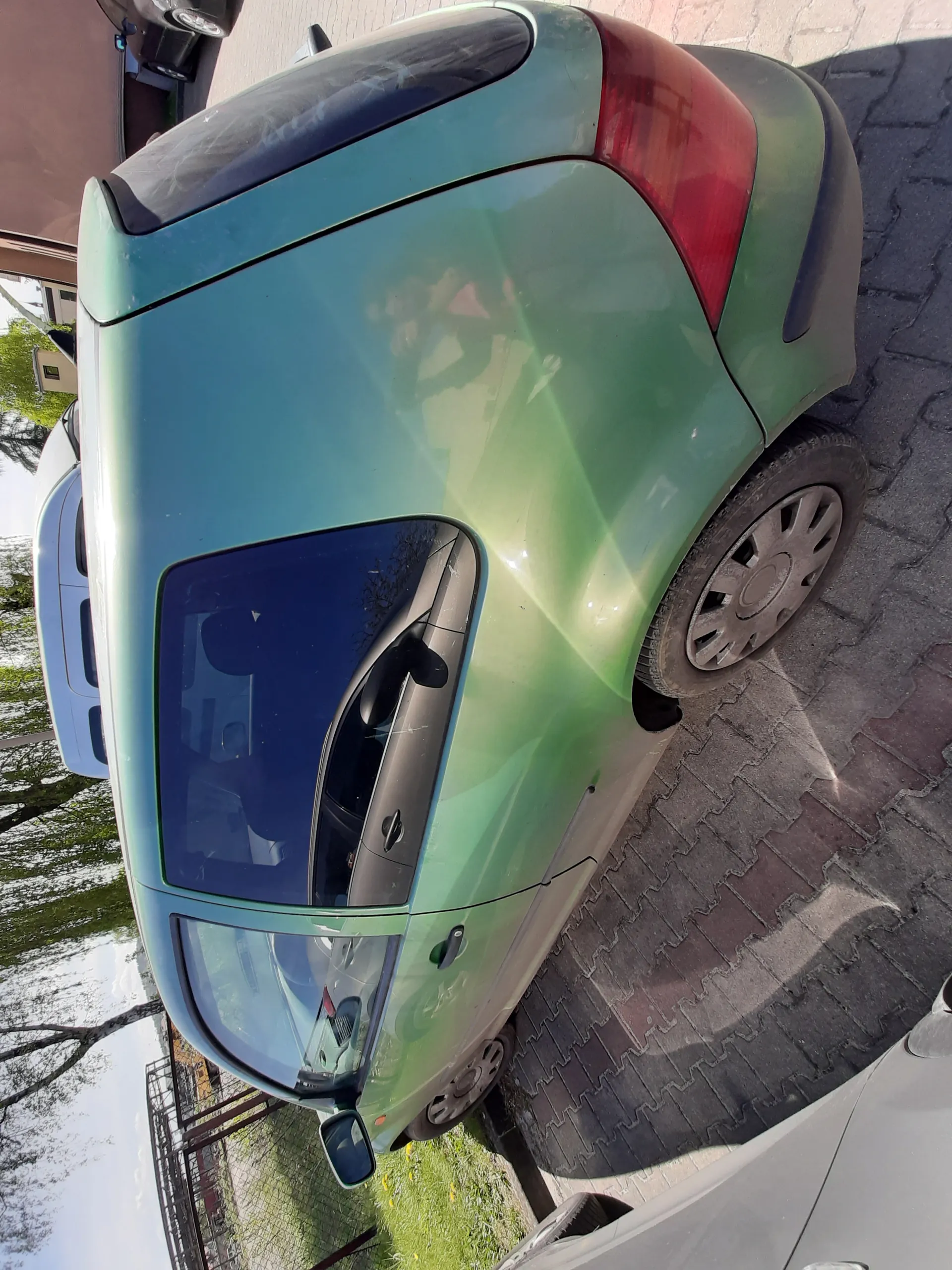 Zielony samochód osobowy typu hatchback zaparkowany na brukowanej powierzchni. W tle widoczne są inne pojazdy, drzewa, ogrodzenie oraz trawa z kwiatami. Na boku samochodu odbija się postać osoby robiącej zdjęcie. Niebo jest częściowo zachmurzone.