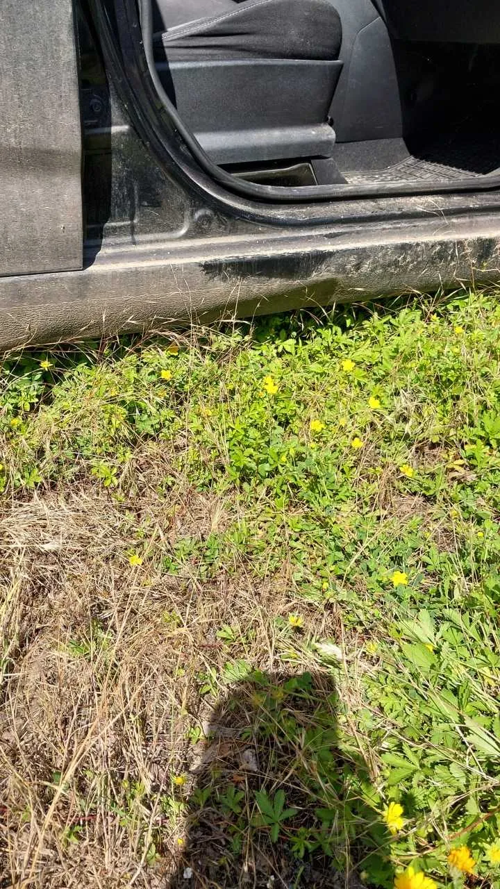 Zbliżenie na dolną krawędź otwartych drzwi samochodu, na której widoczne jest wgniecenie i zarysowania lakieru. Samochód stoi na trawie z drobnymi żółtymi kwiatami. W dolnej części zdjęcia widoczny jest cień osoby fotografującej.